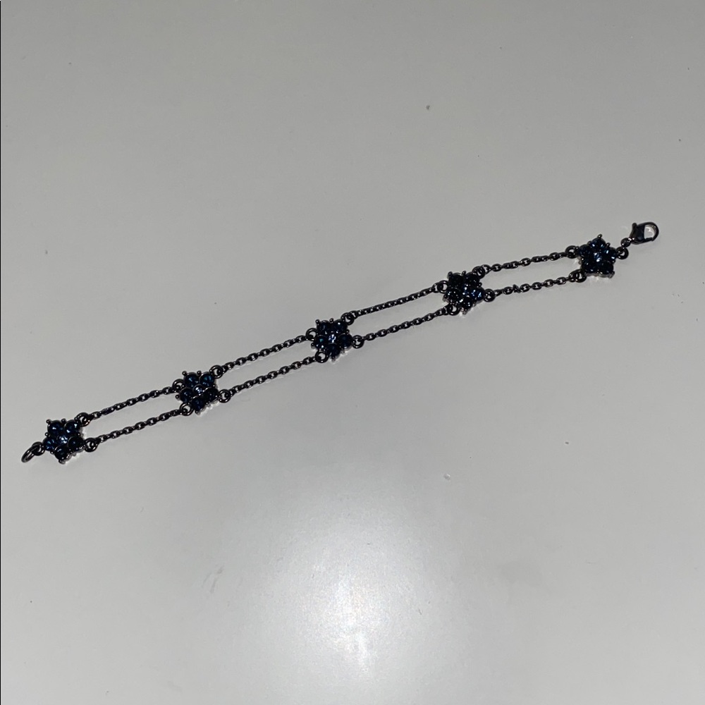 Givenchy Gunnmetal Dark Silver Blue Gemstone Double Chain Daisy Flower Bracelet - Picture 7 of 9